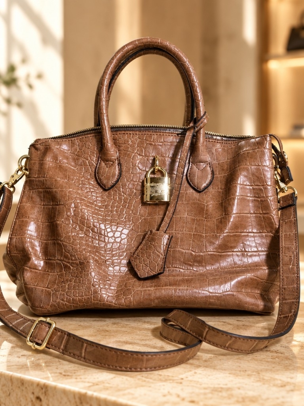 Women's Brown London Fog Croc-Embossed Leather Satchel